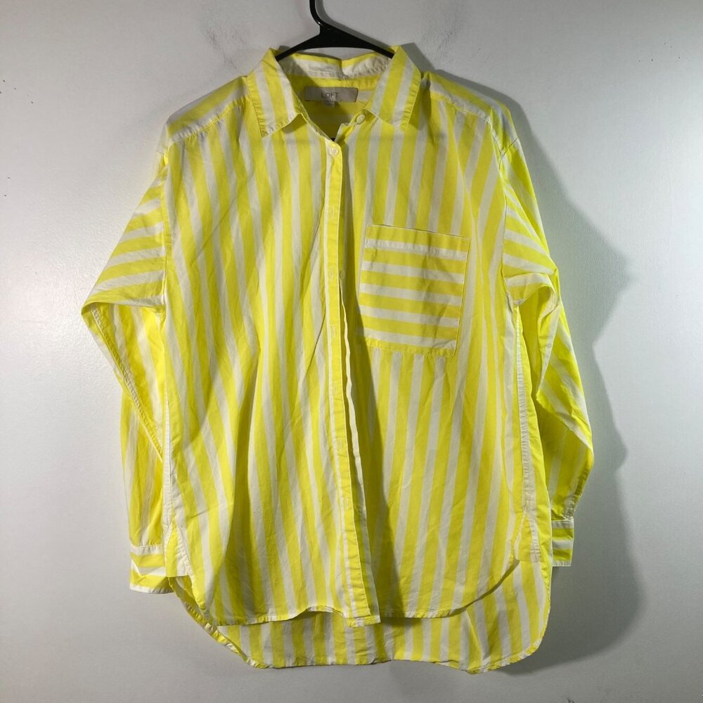 Womens Loft Striped Button Shirt Long Sleeve Yellow‎ White S Cotton